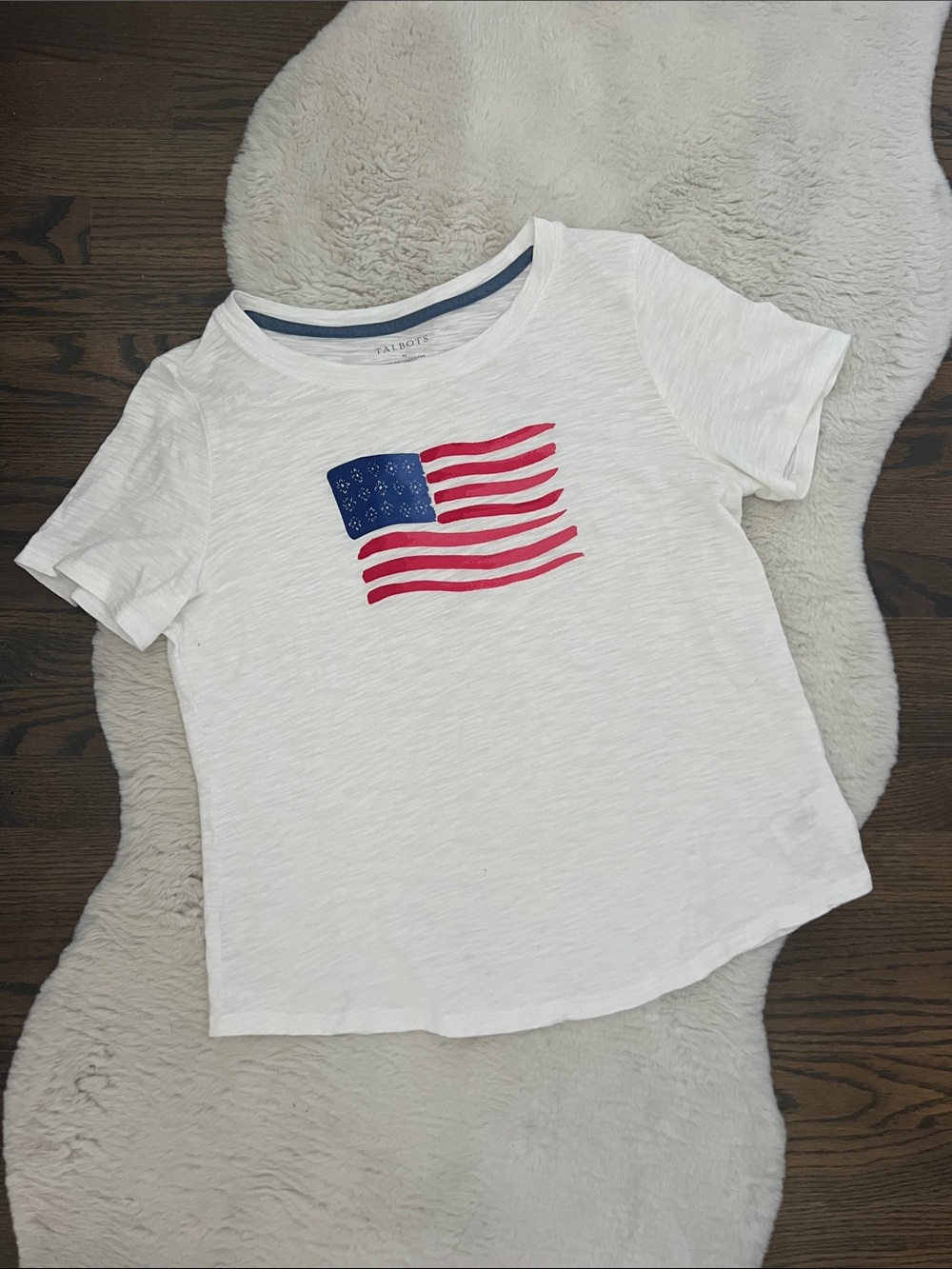 Talbots White Tee with Blue and Red Flag Print, Medium